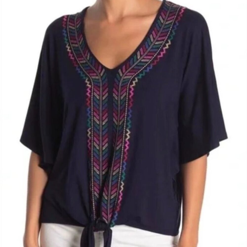Democracy Navy Embroidered Colorful Tie Front Boho Top Size Small